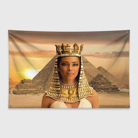 Флаг-баннер с принтом Клеопатра в Санкт-Петербурге, 100% полиэстер | размер 67 х 109 см, плотность ткани — 95 г/м2; по краям флага есть четыре люверса для крепления | египет | египетская | закат | золото | клеопатра | корона | песок | пирамиды | пустыня | солнце | царица