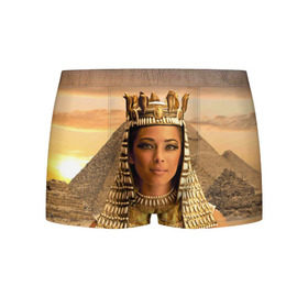 Мужские трусы 3D с принтом Клеопатра в Санкт-Петербурге, 50% хлопок, 50% полиэстер | классическая посадка, на поясе мягкая тканевая резинка | Тематика изображения на принте: египет | египетская | закат | золото | клеопатра | корона | песок | пирамиды | пустыня | солнце | царица