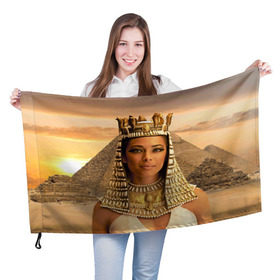 Флаг 3D с принтом Клеопатра в Санкт-Петербурге, 100% полиэстер | плотность ткани — 95 г/м2, размер — 67 х 109 см. Принт наносится с одной стороны | египет | египетская | закат | золото | клеопатра | корона | песок | пирамиды | пустыня | солнце | царица