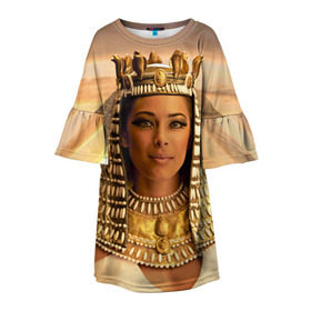 Детское платье 3D с принтом Клеопатра в Санкт-Петербурге, 100% полиэстер | прямой силуэт, чуть расширенный к низу. Круглая горловина, на рукавах — воланы | египет | египетская | закат | золото | клеопатра | корона | песок | пирамиды | пустыня | солнце | царица