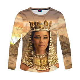 Женский лонгслив 3D с принтом Клеопатра в Санкт-Петербурге, 100% полиэстер | длинные рукава, круглый вырез горловины, полуприлегающий силуэт | египет | египетская | закат | золото | клеопатра | корона | песок | пирамиды | пустыня | солнце | царица