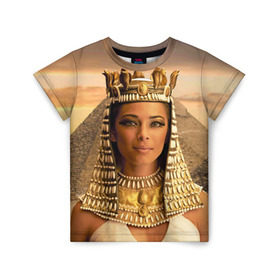 Детская футболка 3D с принтом Клеопатра в Санкт-Петербурге, 100% гипоаллергенный полиэфир | прямой крой, круглый вырез горловины, длина до линии бедер, чуть спущенное плечо, ткань немного тянется | египет | египетская | закат | золото | клеопатра | корона | песок | пирамиды | пустыня | солнце | царица