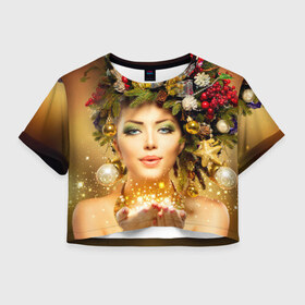Женская футболка 3D укороченная с принтом Чудо девушка в Санкт-Петербурге, 100% полиэстер | круглая горловина, длина футболки до линии талии, рукава с отворотами | волшебница | волшебство | звезды | новый год | подарки | празник | фея | чудо девушка