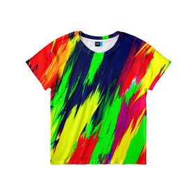 Детская футболка 3D с принтом Краска в Санкт-Петербурге, 100% гипоаллергенный полиэфир | прямой крой, круглый вырез горловины, длина до линии бедер, чуть спущенное плечо, ткань немного тянется | Тематика изображения на принте: rainbow | краска | прикольные | радуга | текстуры | штрихи