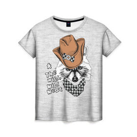 Женская футболка 3D с принтом Енот ковбой в Санкт-Петербурге, 100% полиэфир ( синтетическое хлопкоподобное полотно) | прямой крой, круглый вырез горловины, длина до линии бедер | Тематика изображения на принте: енот