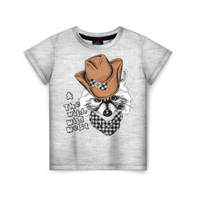 Детская футболка 3D с принтом Енот ковбой в Санкт-Петербурге, 100% гипоаллергенный полиэфир | прямой крой, круглый вырез горловины, длина до линии бедер, чуть спущенное плечо, ткань немного тянется | енот