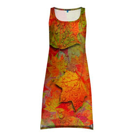 Платье-майка 3D с принтом Лист клёна в Санкт-Петербурге, 100% полиэстер | полуприлегающий силуэт, широкие бретели, круглый вырез горловины, удлиненный подол сзади. | Тематика изображения на принте: дождь | листопад | осень