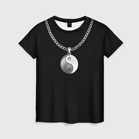 Женская футболка 3D с принтом Инь янь в Санкт-Петербурге, 100% полиэфир ( синтетическое хлопкоподобное полотно) | прямой крой, круглый вырез горловины, длина до линии бедер | инь ян | медальон | цепь