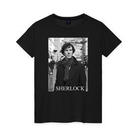 Женская футболка хлопок с принтом SHERLOCK 2 в Санкт-Петербурге, 100% хлопок | прямой крой, круглый вырез горловины, длина до линии бедер, слегка спущенное плечо | sherlock | шерлок | шерлок холмс