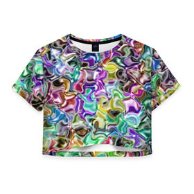 Женская футболка 3D укороченная с принтом Цветное безумие в Санкт-Петербурге, 100% полиэстер | круглая горловина, длина футболки до линии талии, рукава с отворотами | арт | дизайн | искусство | краски | мозаика | палитра | радуга | разные цвета | текстура | цветное безумие