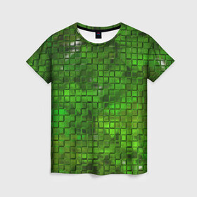 Женская футболка 3D с принтом Зелёные кубики в Санкт-Петербурге, 100% полиэфир ( синтетическое хлопкоподобное полотно) | прямой крой, круглый вырез горловины, длина до линии бедер | дизайн | искусство | кубики | мозаика | поверхность | рельеф | стена | стиль | текстура | фон