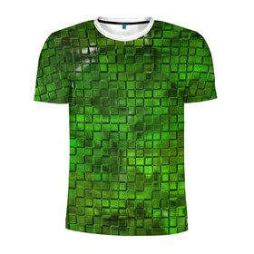 Мужская футболка 3D спортивная с принтом Зелёные кубики в Санкт-Петербурге, 100% полиэстер с улучшенными характеристиками | приталенный силуэт, круглая горловина, широкие плечи, сужается к линии бедра | дизайн | искусство | кубики | мозаика | поверхность | рельеф | стена | стиль | текстура | фон