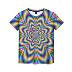 Женская футболка 3D с принтом Красочная иллюзия в Санкт-Петербурге, 100% полиэфир ( синтетическое хлопкоподобное полотно) | прямой крой, круглый вырез горловины, длина до линии бедер | гипноз | движение | красочный фон | обман зрения | оптическая иллюзия | погружение | текстура | фокус