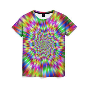 Женская футболка 3D с принтом Спектральная иллюзия в Санкт-Петербурге, 100% полиэфир ( синтетическое хлопкоподобное полотно) | прямой крой, круглый вырез горловины, длина до линии бедер | Тематика изображения на принте: взрыв | гипноз | движение | краски | красочный фон | обман зрения | оптическая иллюзия | погружение | текстура | фокус | цветовой спектр