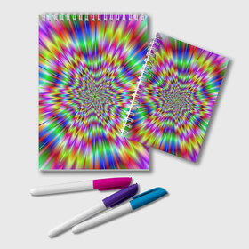 Блокнот с принтом Спектральная иллюзия в Санкт-Петербурге, 100% бумага | 48 листов, плотность листов — 60 г/м2, плотность картонной обложки — 250 г/м2. Листы скреплены удобной пружинной спиралью. Цвет линий — светло-серый
 | Тематика изображения на принте: взрыв | гипноз | движение | краски | красочный фон | обман зрения | оптическая иллюзия | погружение | текстура | фокус | цветовой спектр