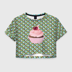 Женская футболка 3D укороченная с принтом Кексик в Санкт-Петербурге, 100% полиэстер | круглая горловина, длина футболки до линии талии, рукава с отворотами | кексик