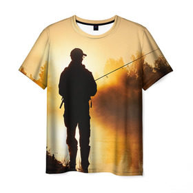Мужская футболка 3D с принтом Рыбак в Санкт-Петербурге, 100% полиэфир | прямой крой, круглый вырез горловины, длина до линии бедер | грузило | карась | лодка | окунь | природа | река | рыбак | рыболов | снасти | туризм | щука