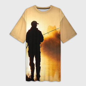 Платье-футболка 3D с принтом Рыбак в Санкт-Петербурге,  |  | грузило | карась | лодка | окунь | природа | река | рыбак | рыболов | снасти | туризм | щука