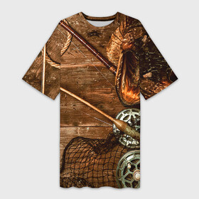 Платье-футболка 3D с принтом Рыбацкий стол в Санкт-Петербурге,  |  | грузило | карась | лодка | окунь | природа | река | рыбак | рыболов | снасти | туризм | щука
