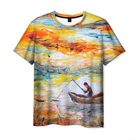 Мужская футболка 3D с принтом Рыбак на лодке в Санкт-Петербурге, 100% полиэфир | прямой крой, круглый вырез горловины, длина до линии бедер | грузило | карась | лодка | окунь | природа | река | рыбак | рыболов | снасти | туризм | щука