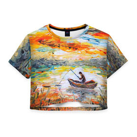Женская футболка 3D укороченная с принтом Рыбак на лодке в Санкт-Петербурге, 100% полиэстер | круглая горловина, длина футболки до линии талии, рукава с отворотами | грузило | карась | лодка | окунь | природа | река | рыбак | рыболов | снасти | туризм | щука