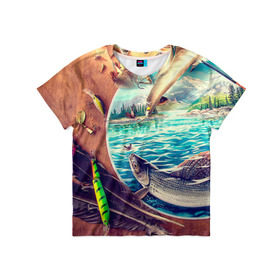 Детская футболка 3D с принтом Рыбацкое в Санкт-Петербурге, 100% гипоаллергенный полиэфир | прямой крой, круглый вырез горловины, длина до линии бедер, чуть спущенное плечо, ткань немного тянется | грузило | карась | лодка | окунь | природа | река | рыбак | рыболов | снасти | туризм | щука