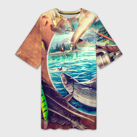 Платье-футболка 3D с принтом Рыбацкое в Санкт-Петербурге,  |  | грузило | карась | лодка | окунь | природа | река | рыбак | рыболов | снасти | туризм | щука