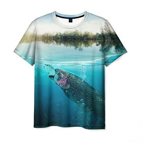 Мужская футболка 3D с принтом Рыбалка в Санкт-Петербурге, 100% полиэфир | прямой крой, круглый вырез горловины, длина до линии бедер | грузило | карась | лодка | окунь | природа | река | рыбак | рыболов | снасти | туризм | щука