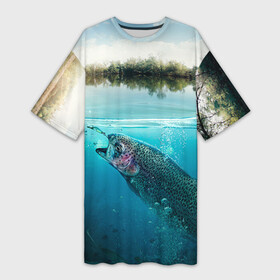 Платье-футболка 3D с принтом Рыбалка в Санкт-Петербурге,  |  | грузило | карась | лодка | окунь | природа | река | рыбак | рыболов | снасти | туризм | щука
