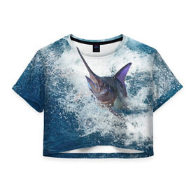 Женская футболка 3D укороченная с принтом Рыбалка 1 в Санкт-Петербурге, 100% полиэстер | круглая горловина, длина футболки до линии талии, рукава с отворотами | грузило | карась | лодка | окунь | природа | река | рыбак | рыболов | снасти | туризм | щука