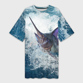Платье-футболка 3D с принтом Рыбалка 1 в Санкт-Петербурге,  |  | грузило | карась | лодка | окунь | природа | река | рыбак | рыболов | снасти | туризм | щука