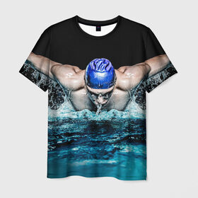 Мужская футболка 3D с принтом Пловец в Санкт-Петербурге, 100% полиэфир | прямой крой, круглый вырез горловины, длина до линии бедер | 