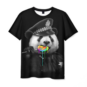 Мужская футболка 3D с принтом Панда и карамель в Санкт-Петербурге, 100% полиэфир | прямой крой, круглый вырез горловины, длина до линии бедер | Тематика изображения на принте: панда | черно белый