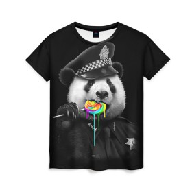 Женская футболка 3D с принтом Панда и карамель в Санкт-Петербурге, 100% полиэфир ( синтетическое хлопкоподобное полотно) | прямой крой, круглый вырез горловины, длина до линии бедер | панда | черно белый