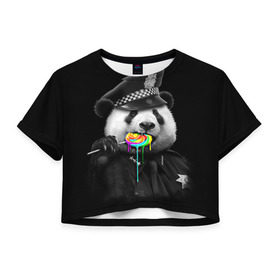 Женская футболка 3D укороченная с принтом Панда и карамель в Санкт-Петербурге, 100% полиэстер | круглая горловина, длина футболки до линии талии, рукава с отворотами | панда | черно белый