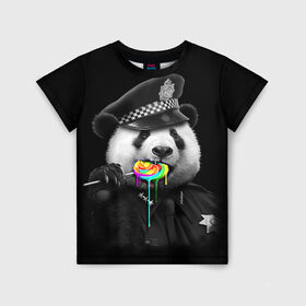 Детская футболка 3D с принтом Панда и карамель в Санкт-Петербурге, 100% гипоаллергенный полиэфир | прямой крой, круглый вырез горловины, длина до линии бедер, чуть спущенное плечо, ткань немного тянется | панда | черно белый