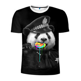 Мужская футболка 3D спортивная с принтом Панда и карамель в Санкт-Петербурге, 100% полиэстер с улучшенными характеристиками | приталенный силуэт, круглая горловина, широкие плечи, сужается к линии бедра | Тематика изображения на принте: панда | черно белый