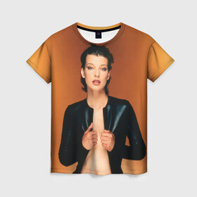 Женская футболка 3D с принтом Милла Йовович в Санкт-Петербурге, 100% полиэфир ( синтетическое хлопкоподобное полотно) | прямой крой, круглый вырез горловины, длина до линии бедер | milla jovovich | американская актриса | милла йовович | модель | модельер | музыкант
