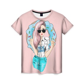 Женская футболка 3D с принтом Моя любовь - пончики в Санкт-Петербурге, 100% полиэфир ( синтетическое хлопкоподобное полотно) | прямой крой, круглый вырез горловины, длина до линии бедер | пончик