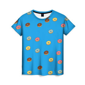 Женская футболка 3D с принтом Пончики в Санкт-Петербурге, 100% полиэфир ( синтетическое хлопкоподобное полотно) | прямой крой, круглый вырез горловины, длина до линии бедер | donut | гомер | еда | пончики | симпсон | фаст