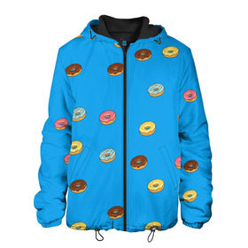 Мужская куртка 3D с принтом Пончики в Санкт-Петербурге, ткань верха — 100% полиэстер, подклад — флис | прямой крой, подол и капюшон оформлены резинкой с фиксаторами, два кармана без застежек по бокам, один большой потайной карман на груди. Карман на груди застегивается на липучку | Тематика изображения на принте: donut | гомер | еда | пончики | симпсон | фаст