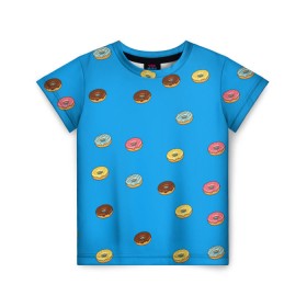 Детская футболка 3D с принтом Пончики в Санкт-Петербурге, 100% гипоаллергенный полиэфир | прямой крой, круглый вырез горловины, длина до линии бедер, чуть спущенное плечо, ткань немного тянется | donut | гомер | еда | пончики | симпсон | фаст