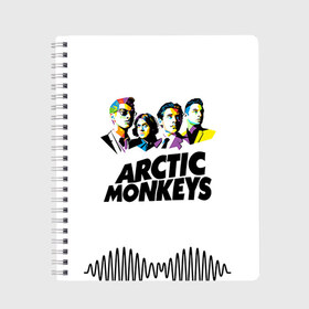 Тетрадь с принтом Arctic Monkeys 2 в Санкт-Петербурге, 100% бумага | 48 листов, плотность листов — 60 г/м2, плотность картонной обложки — 250 г/м2. Листы скреплены сбоку удобной пружинной спиралью. Уголки страниц и обложки скругленные. Цвет линий — светло-серый
 | Тематика изображения на принте: am | arctic | arctic monkeys | monkeys | rock | алекс тёрнер | амы | арктические мартышки | джейми кук | мартышки | мэтт хелдерс. ам | ник омэлли | ник о’мэлли | рок
