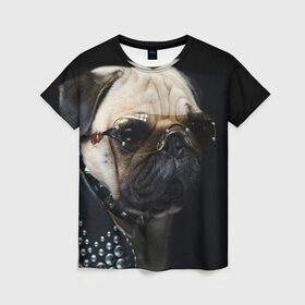 Женская футболка 3D с принтом Бульдог в очках в Санкт-Петербурге, 100% полиэфир ( синтетическое хлопкоподобное полотно) | прямой крой, круглый вырез горловины, длина до линии бедер | бульдог в очках | домашнее | животное | клепки | кожа | металлист | очки | пес | прикол | рокер | собака | умный | ученый | французский