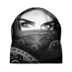 Шапка 3D с принтом Восточная девушка в Санкт-Петербурге, 100% полиэстер | универсальный размер, печать по всей поверхности изделия | взгляд | восточная девушка | глаза | красивая | никаб | орнамент | узоры | хиджаб