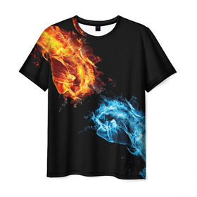 Мужская футболка 3D с принтом Синее и красное пламя в Санкт-Петербурге, 100% полиэфир | прямой крой, круглый вырез горловины, длина до линии бедер | кулак | огонь
