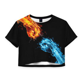 Женская футболка 3D укороченная с принтом Синее и красное пламя в Санкт-Петербурге, 100% полиэстер | круглая горловина, длина футболки до линии талии, рукава с отворотами | Тематика изображения на принте: кулак | огонь