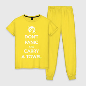 Женская пижама хлопок с принтом Dont panic в Санкт-Петербурге, 100% хлопок | брюки и футболка прямого кроя, без карманов, на брюках мягкая резинка на поясе и по низу штанин | автостопом по галактике