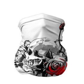 Бандана-труба 3D с принтом Череп с розами в Санкт-Петербурге, 100% полиэстер, ткань с особыми свойствами — Activecool | плотность 150‒180 г/м2; хорошо тянется, но сохраняет форму | готика | кровь | розы | череп | черно белое | шипы
