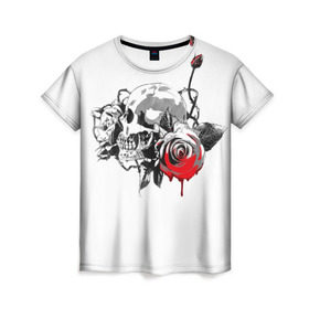 Женская футболка 3D с принтом Череп с розами в Санкт-Петербурге, 100% полиэфир ( синтетическое хлопкоподобное полотно) | прямой крой, круглый вырез горловины, длина до линии бедер | готика | кровь | розы | череп | черно белое | шипы